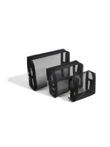 Túi đựng đồ vệ sinh cá nhân bằng lưới 3 chiếc/bộ. Túi đựng đồ trang điểm có khóa kéo màu đen thời trang hàng ngày khi đi du lịch, phong cách Boho - màu đen - Xem 7