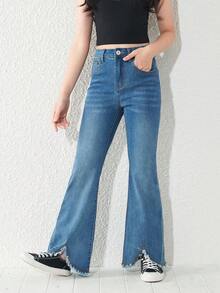 Girls Raw Hem Flare Leg Jeans - Medium Wash - View 5