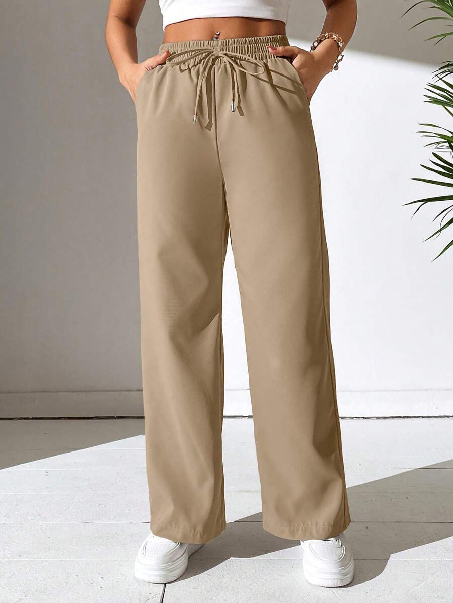 SHEIN PETITE Drawstring Waist Straight Leg Pants - Brown - View 1