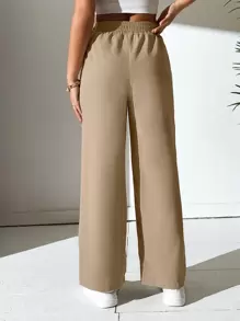 SHEIN PETITE Drawstring Waist Straight Leg Pants - Brown - View 2