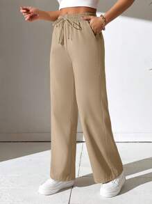 SHEIN PETITE Drawstring Waist Straight Leg Pants - Brown - View 5