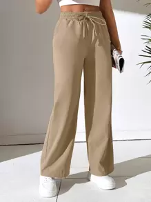 SHEIN PETITE Drawstring Waist Straight Leg Pants - Brown - View 6