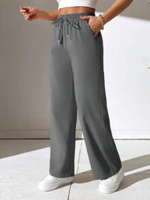 SHEIN PETITE 抽绳腰直筒裤 - 深灰色 - 查看 3