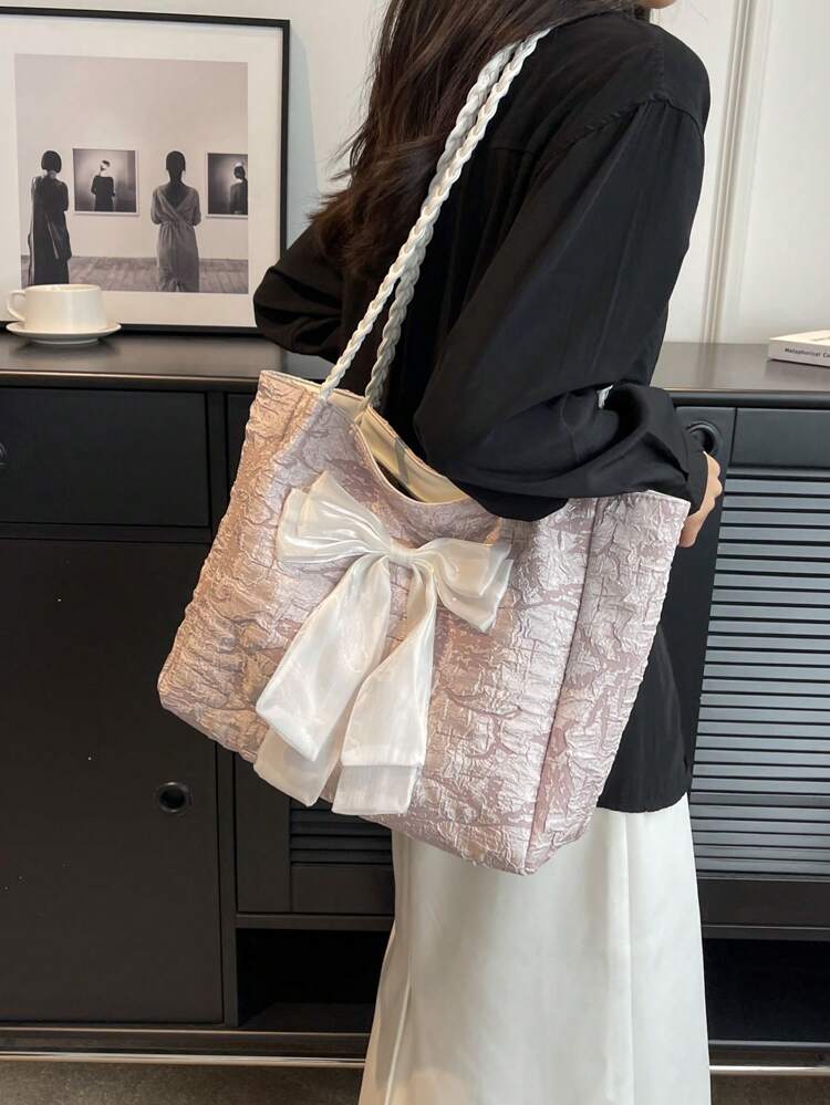 Bow Decor Shoulder Tote Bag Textured Braided Detail Double Handle With Zipper Polyester School Bag For Graduate, Teen Girls, Freshman, Sophomore, Junior & Senior In College, University & High School, Perfect For Outdoors ,Travel & Back To School, Bow Purse For Women, Cute Bow Bag For Women