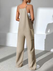 SHEIN EZwear 素色雙口袋吊帶連體褲 - 卡其色 - 查看 2