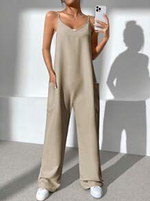 SHEIN EZwear 素色雙口袋吊帶連體褲 - 卡其色 - 查看 3