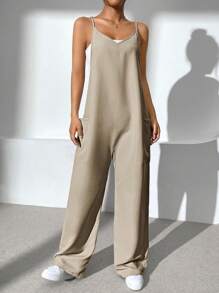 SHEIN EZwear 素色雙口袋吊帶連體褲 - 卡其色 - 查看 5