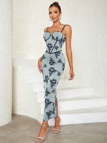 Floral Print Bustier Split Back Cami Dress - Multicolor - View 3