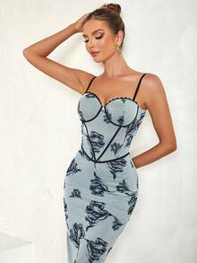 Floral Print Bustier Split Back Cami Dress - Multicolor - View 4