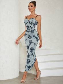 Floral Print Bustier Split Back Cami Dress - Multicolor - View 5