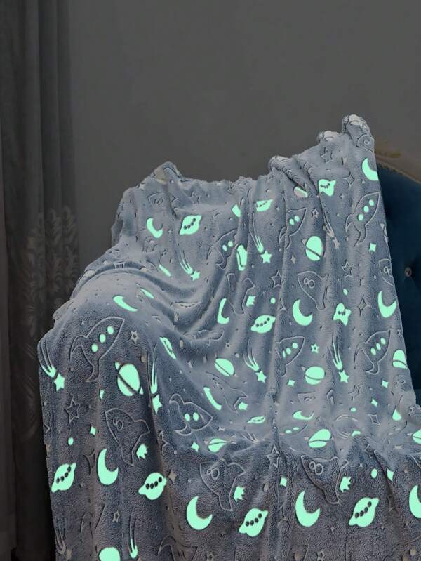 1pc Space Ship & Moon Print Blanket, Modern Rocket & Star Print Glow In The Dark Blanket For Bed, Sofa