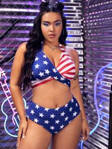 SHEIN Plus Size Americana Print Twist Front Halter Bikini Set Summer Beach - Multicolor - View 1