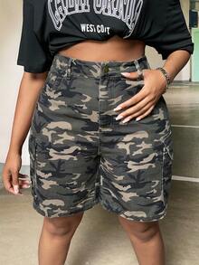 SHEIN SXY Plus Camo Print Flap Pocket Denim Shorts, Mom Shorts - Multicolor - View 4