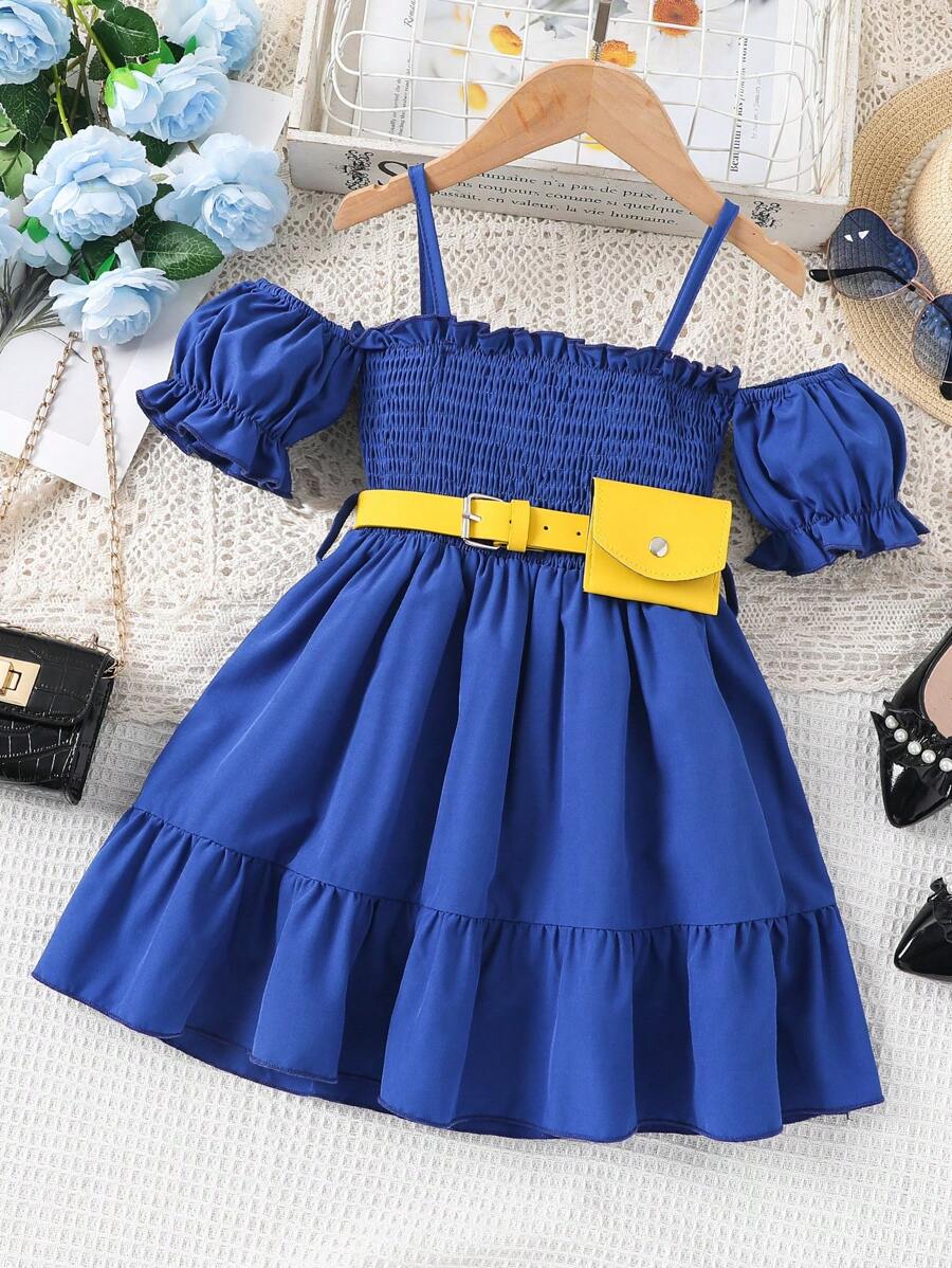 Toddler Girls Cold Shoulder Shirred Ruffle Hem Dress - Navy Blue - View 1
