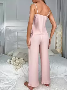 Conjunto de pijama con top tipo camiseta y pantalones con ribete de volantes - Rosa Pálido - Ver 2