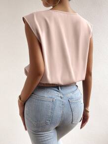 SHEIN Privé Áo sơ mi nữ Uốn nếp Thắt nơ trước màu trơn Giải trí - Màu be - Xem 2