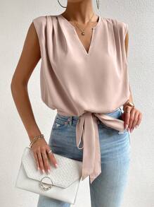 SHEIN Privé Áo sơ mi nữ Uốn nếp Thắt nơ trước màu trơn Giải trí - Màu be - Xem 6