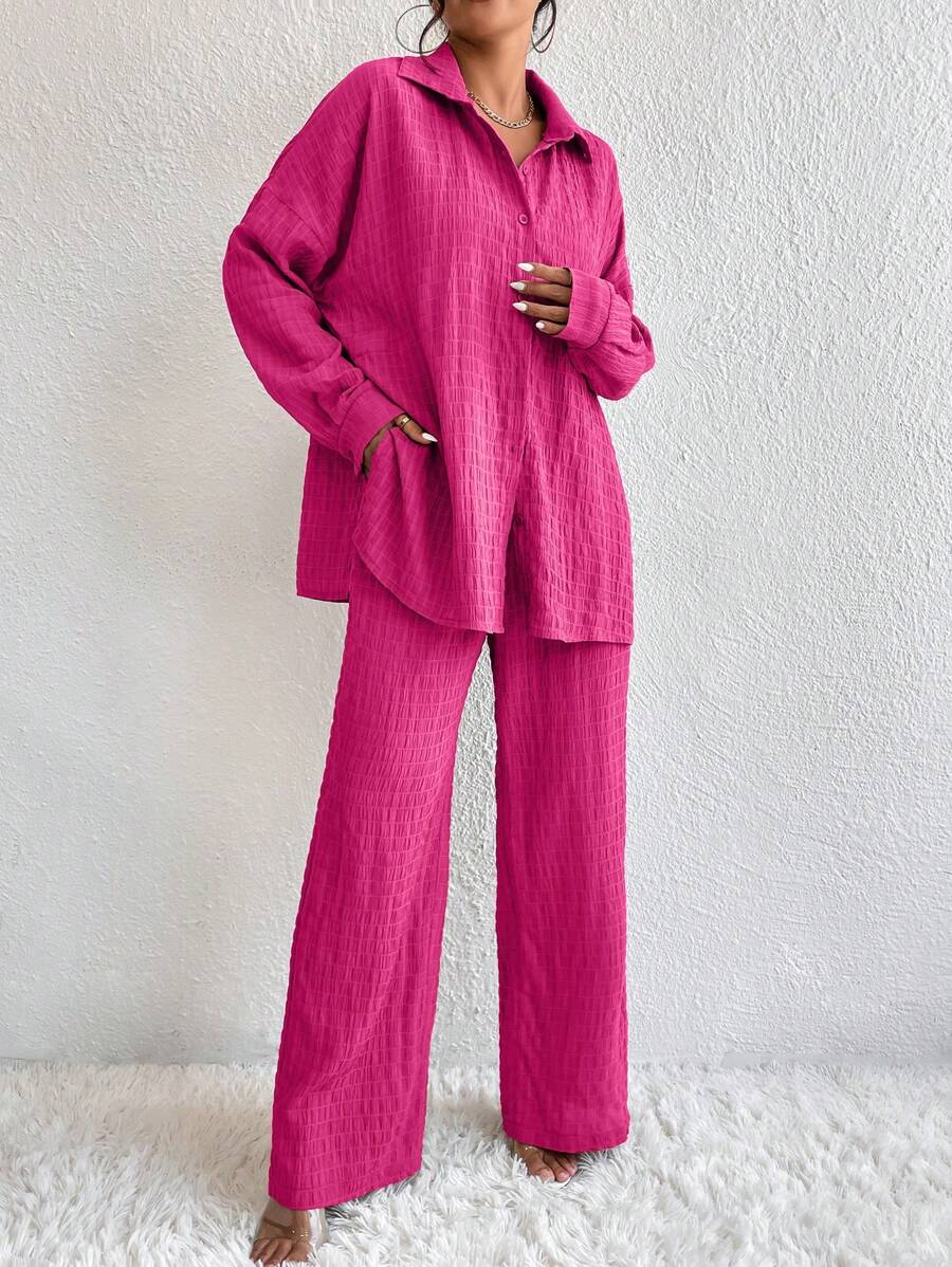 Chiquease Drop Shoulder Shirt & Wide Leg Trousers - Hot Pink - View 1