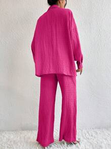 Chiquease Drop Shoulder Shirt & Wide Leg Trousers - Hot Pink - View 2
