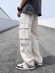 Claim Dot Loose Fit Men's Cargo Pants With Side Flap Pockets - Beige - View 2