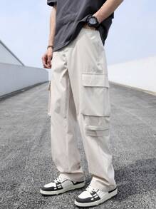 Claim Dot Loose Fit Men's Cargo Pants With Side Flap Pockets - Beige - View 3