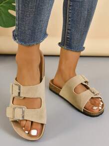 女士搭扣裝飾平底酷仿麂皮包趾涼鞋 - 米色 - 查看 3