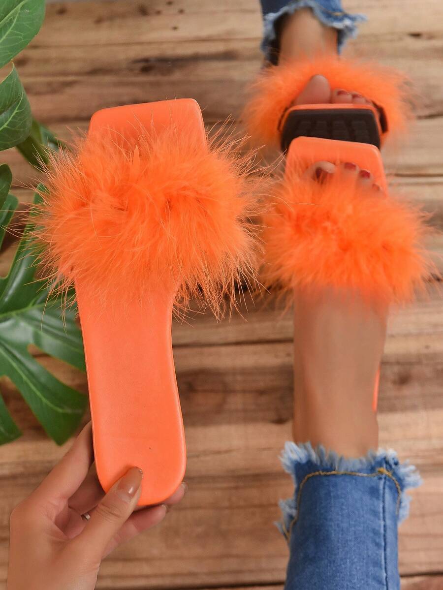 Women Fuzzy Decor Flat Sandals, Glamorous Orange Slide Sandals - Orange - View 1