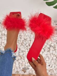 女士毛茸茸裝飾平底魅力四射涼拖 - 紅色 - 查看 1