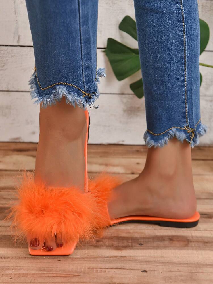 Women Fuzzy Decor Flat Sandals, Glamorous Orange Slide Sandals - Orange - View 3