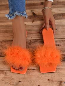 Women Fuzzy Decor Flat Sandals, Glamorous Orange Slide Sandals - Orange - View 4