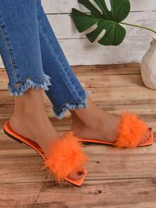 Women Fuzzy Decor Flat Sandals, Glamorous Orange Slide Sandals - Orange - View 6