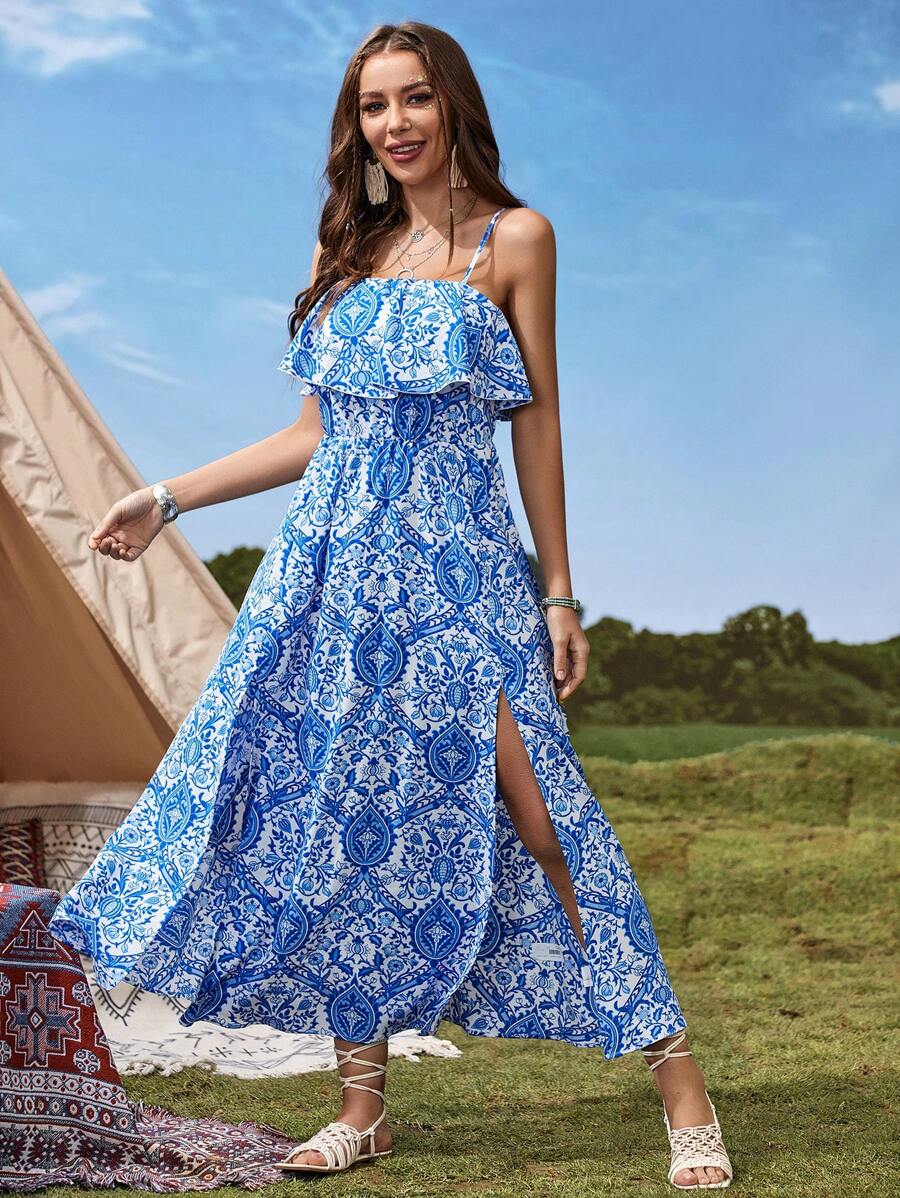 SHEIN VCAY 滿版印花高衩吊帶洋裝 - 藍白色 - 查看 1