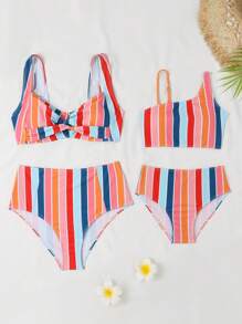 Tween Girl 1set Striped Asymmetrical Neck Bikini Set Summer Beach - Multicolor - View 3