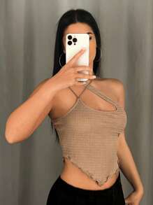 SHEIN ICON 不規則肩鏤空頭巾下擺短款上衣 - 駝色 - 查看 4