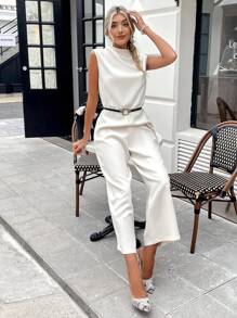 SHEIN BIZwear Cổ giả Không tay Áo liền quần Không có thắt lưng Trang phục làm việc - Màu be - Xem 1