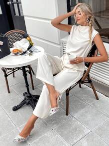 SHEIN BIZwear Cổ giả Không tay Áo liền quần Không có thắt lưng Trang phục làm việc - Màu be - Xem 4