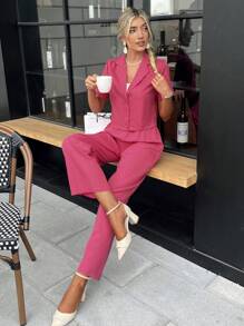 SHEIN Privé Solid Lapel Neck Blouse & Pants - Hot Pink - View 4