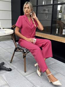 SHEIN Privé Solid Lapel Neck Blouse & Pants - Hot Pink - View 5