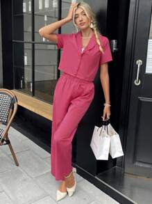 SHEIN Privé Solid Lapel Neck Blouse & Pants - Hot Pink - View 6