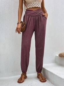 SHEIN LUNE Solid Slant Pocket Trousers - Purple - View 3