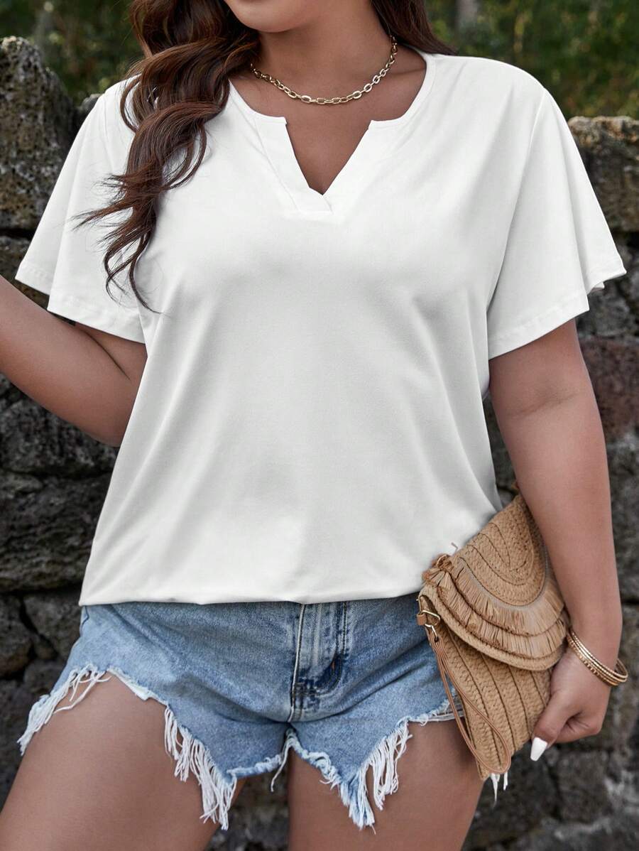 SHEIN Holidaya Plus Notched Neckline Tee - White - View 1