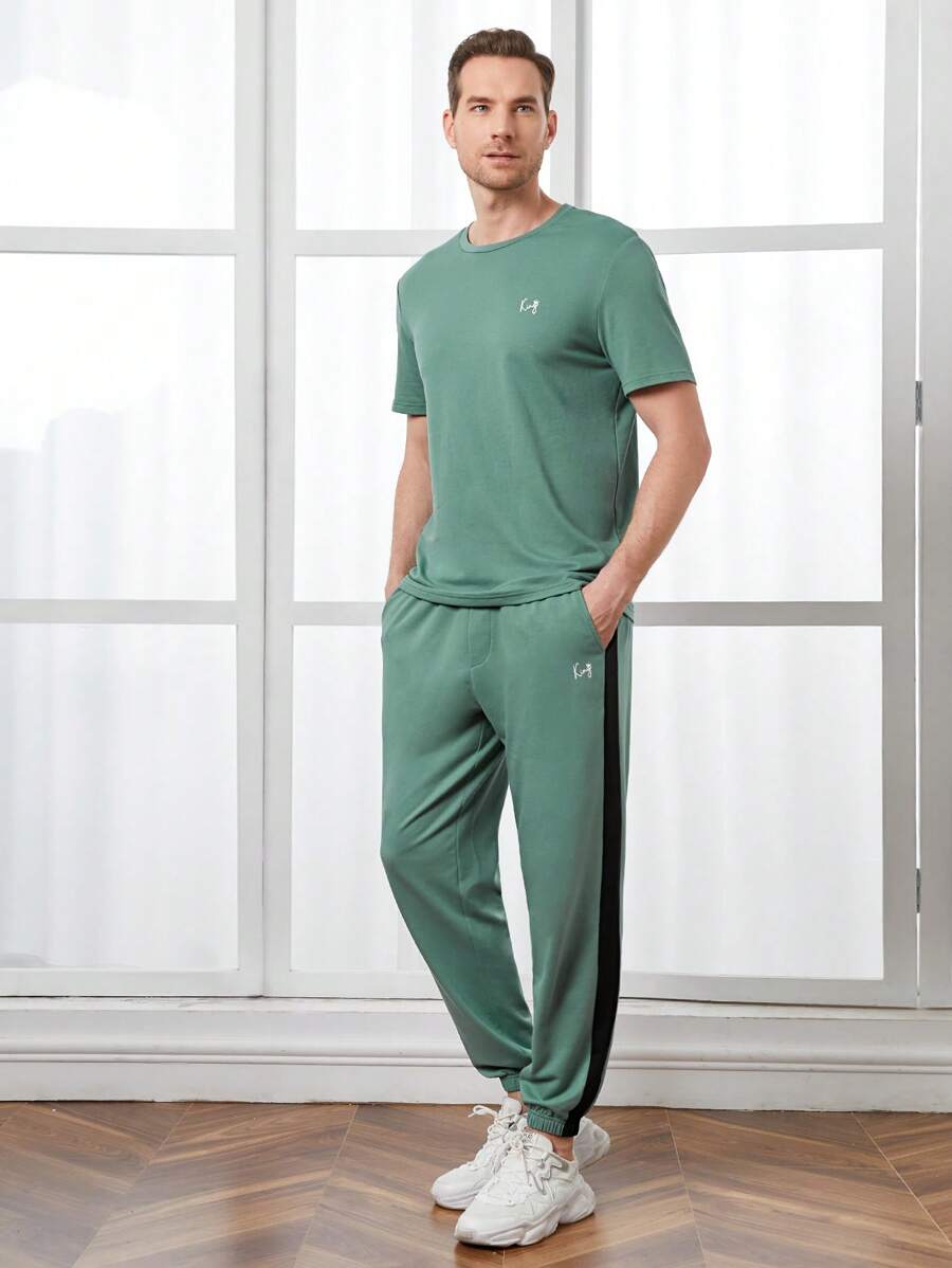 SHEIN Men Letter Graphic PJ Set - Green - View 1
