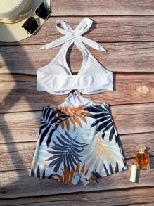 SHEIN Swim Summer Beach Tropical Print Ring Linked Halter One Piece Swimsuit