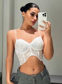 SHEIN ICON 蕾絲吊帶短上衣 - 白色 - 查看 5