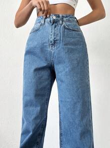 Cottnline High Waist Wide Leg Jeans - Medium Wash - View 3