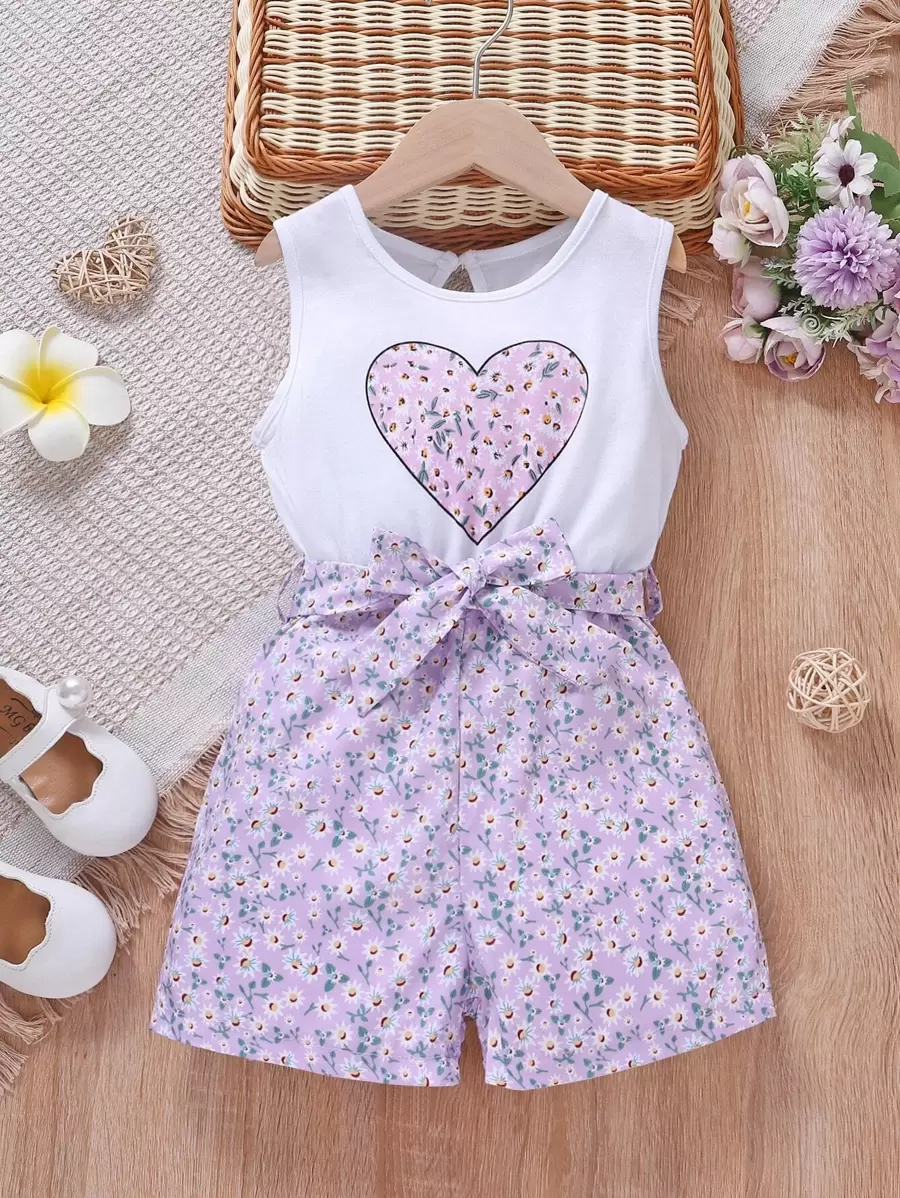 SHEIN Vintaside Kids Cô Gái Trẻ Hoa Lộn xộn & In Trái tim Thắt lưng Romper - Nhiều màu - Xem 1