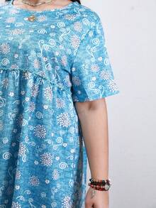 Floral Print Frill Trim Blouse - Blue and White - View 3