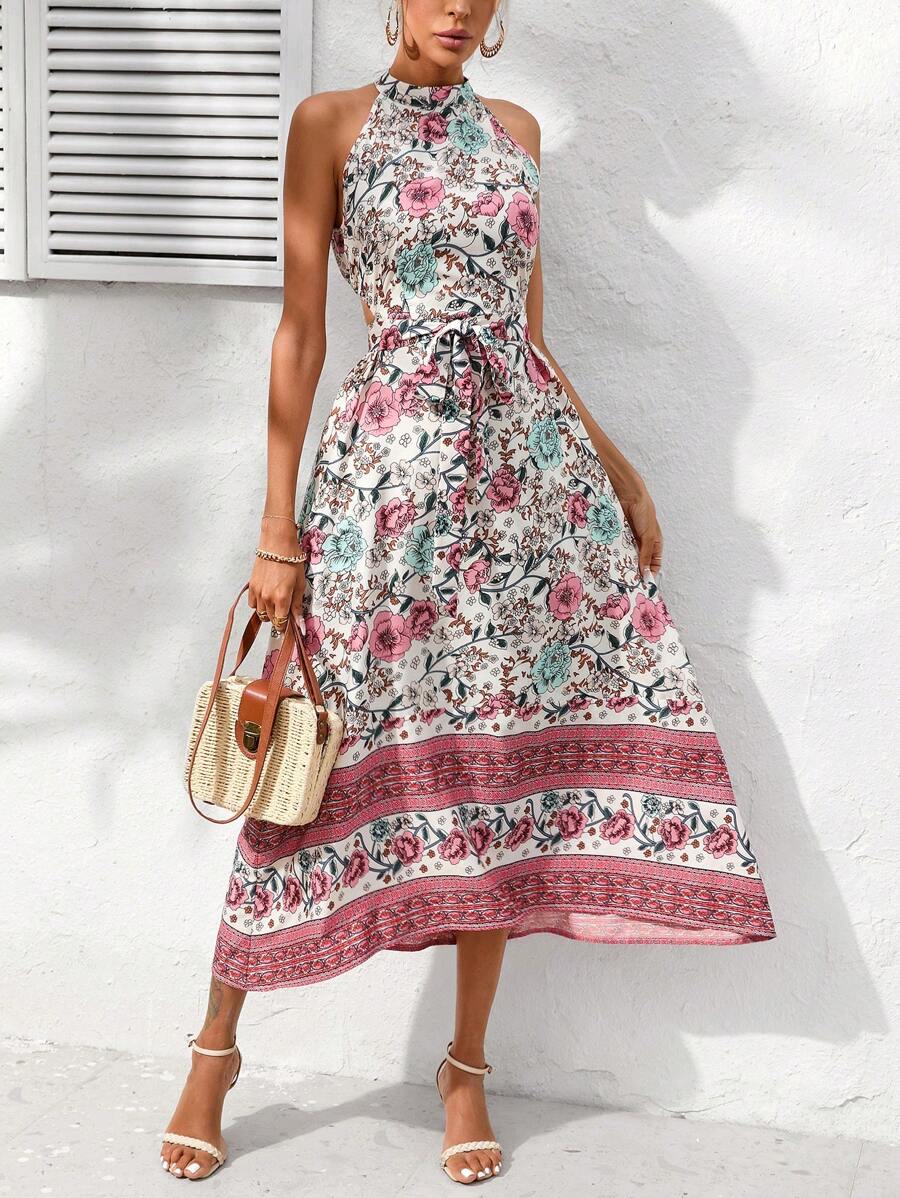 SHEIN LUNE Floral Print Belted Halter Dress - Multicolor - View 1