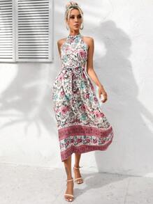 SHEIN LUNE Floral Print Belted Halter Dress - Multicolor - View 6