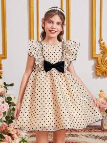 SHEIN Girls Polka Dot Print Ruffle Trim Bow Front Mesh Overlay Dress - Multicolor - View 1